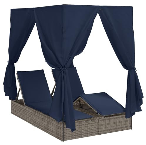 vidaXL Doppelte Sonnenliege mit Dach Grau 205 x 129 x 200 cm PE Rattan, Outdoor-Lounger, Garten-Chill-Lounge, Doppel-Sitz, entspannter Patio-Stuhl, Sonne, Balkon-Bett