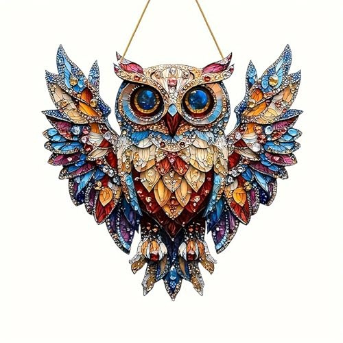 Eule Sonnenfänger Buntglas Hängender, Acryl 2D Anhänger,Hängende Fensterdeko Vogel Buntglas Deko,Hängeornament für die Dekoration von Wohnzimmer und Schlafzimmer,Gartendeko (A)