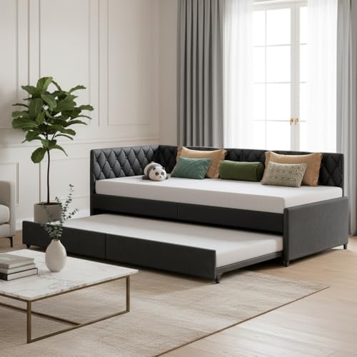 RXMORI Utdragbar dagsäng med träribbor, stoppad säng, utdragbar bäddsoffa, 90/180 x 200 cm, enkelsäng/dubbelsäng med ribbotten, multifunktionssäng (90 x 200 cm, svart, B)