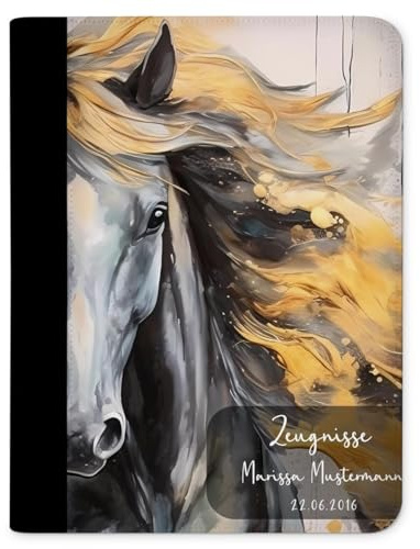 CreaDesign Kinder Zeugnismappe mit Namen personalisiert, Motiv Pferd Magic mit Goldprägung ohne Klarsichthüllen, A4, 24 x 31 x 1 cm, Rücken schwarz