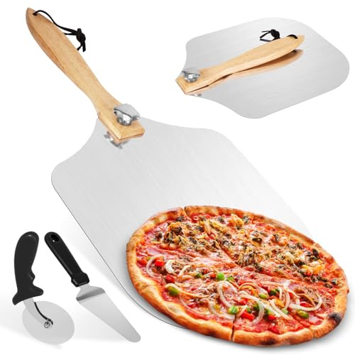 Pizzaschieber Groß 30cm, Aluminium Pizzaschaufel mit Abnehmbaren Faltbarer Griff - Platzsparendes, Pizza Schaufel Zubehör mit Pizzaschneider kleiner Pizzaspatel für Brot und Selbstgemachte Pizzen