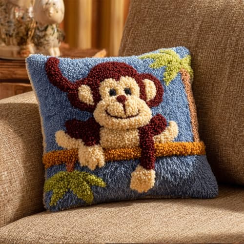 Taxpy Latch Hook Kits Pillow Monkey On A Branch 17X17 in Printed Canvas Cushion Crochet Yarn Needlework Hook Latch DIY Kit Embroidery Pillowcase Rug Cover Home Sofa Christmas Decoration