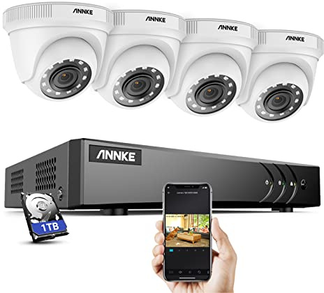 ANNKE 1080p Security CCTV Camera System, 8 Channel 3K Lite DVR and 4 x 2MP Weatherproof Home White Dome Cameras, Human & Vehicle Detection, 100 ft Night Vision, Remote Access, 1TB Hard Drive