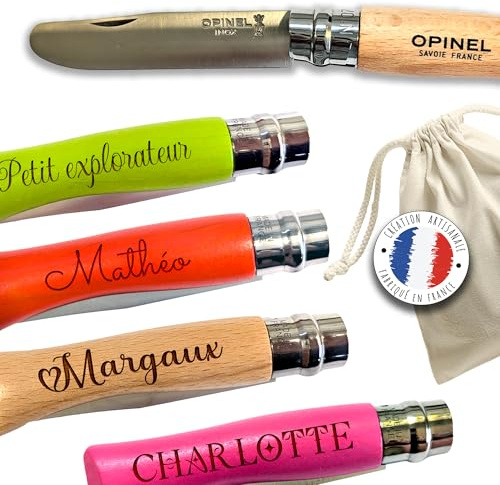 Couteau Opinel Enfant N°7 Personnalisé avec Prénom – Lame Sécurité Ronde et Bague Virobloc – Gravure Personnalisée – Cadeau Junior, Scouts, Nature, Cuisine, Anniversaire