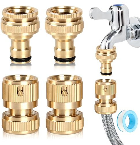 Brass Garden Tap Connectors, 2 Pair 1/2 Inch & 3/4 Inch 2-in-1 Hose Garden Hose Quick Connector, Brass Quick Hose End Connector, Hose Male & Female Adaptors for Garden Outdoor Pipe Fittings