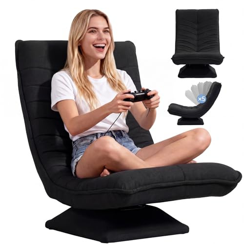 Asukale Sessel Wohnzimmer Bodenstuhl 360° Drehbar, Montagefrei, Schwarz | Verstellbarer Rückenlehne, Klappbar, Belastbar bis 150 kg, 60 x 105 x 87 cm, Ideal als Gaming Sessel oder Lesesessel
