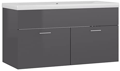 Mhdvray Armoire d'Évier avec Lavabo Intégré 90 cm en Bois d'Ingénierie Gris Brillant, Meuble de Salle de Bain avec Vasque en Céramique et 2 Portes pour Rangement de Toilette