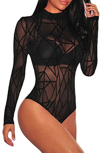 NBBNYJ Body Donna Manica Lunga Pizzo Trasparente Elegante Aderente Sexy Lingerie (Nero-4, S)