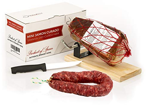 Serrano Skinka Rimmad Urbenat 1 Kg + Skinkhållare + Kniv + Salchichón Korv 200 gr - Jamon Serrano - Spanska Ham Jamonprive