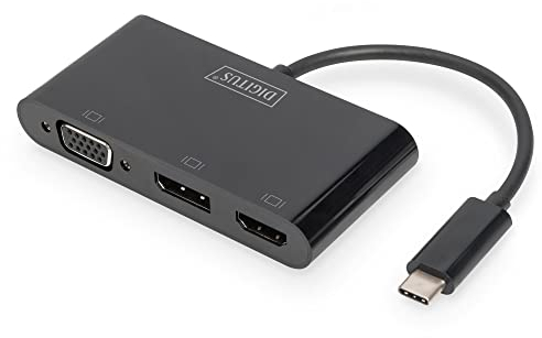 DIGITUS USB-C Grafikadapter - USB-C zu HDMI, DisplayPort & VGA - UltraHD 4k/60Hz per DP - UltraHD 4k/30Hz per HDMI - Triple Display Support - 11cm Kabellänge - Plug & Play - Schwarz
