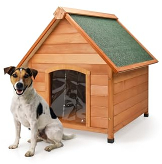 AQPET Cuccia per Cani in Legno S da Esterno con Tetto Spiovente Impermeabile e Tenda Termica, Casetta Cane Isolata per Interno ed Esterno, Resistente alle Intemperie, 80x86x88h cm