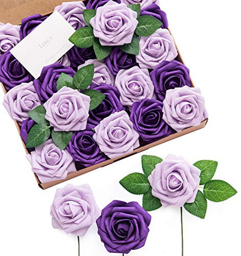 Ling's moment Artificial Flowers 25Pcs Purple Roses Decor w/Stems,3 Real Touch DIY Foam Floral for Wedding Bouquet/Centerpieces, Outdoors Party Backdrop, Room/Table, and Garden/Pot Decorations