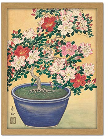 Artery8 Ohara Koson Blooming Azalea In Blue Pot Japanese Artwork Framed Wall Art Print 18X24 Inch