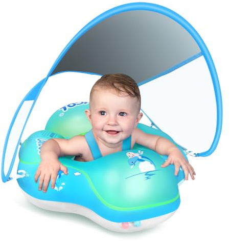 LAYCOL Baby Pool Float with Canopy UPF50+, 5 Point Safety Buckle No Flip Over, Inflatable Toddler Floaties Infant Pool Floats with Double Air Chambers, Baby Beach Essentials/Traval for 3-36M Blue S