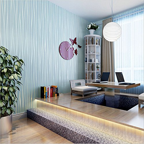 YangYun Home Decoration Papier peint moderne et classique non-tissé à flocage uni à rayures et courbes pour salon et chambre - Rouleau sans colle - Couleur bleu clair 0,53 m (1,73' L) x 10 m (32,8' l