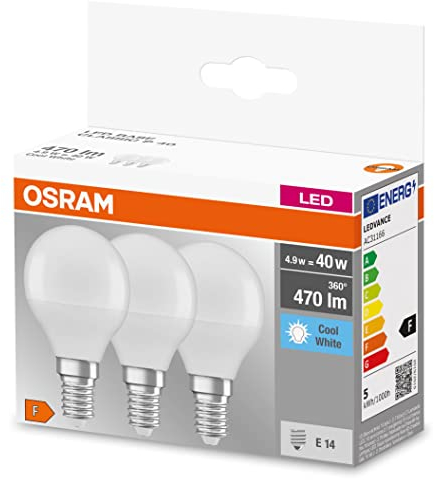 Osram LED BASE Classic P40, matte Filament LED-Lampen aus Glas für E14 Sockel, Kerzenform, Kaltweiß (4000K), 470 Lumen, Ersatz für herkömmliche 40W-Glühbirnen, 3er-Box