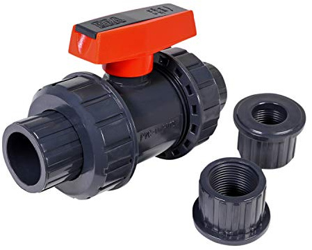 Midline Valve 482UT100 Heavy Duty PVC True Union Ball Valve Pink Handle 1'' FIP/Solvent Connections Grey Plastic, 1 in, Gray