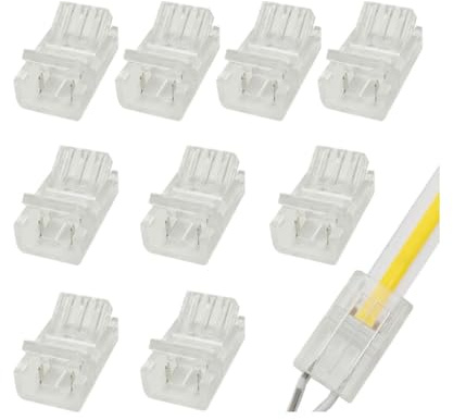 Biantie La 2 Pin 8mm COB Connector Kit (10 Pack) | Solderless Strip to Wire Adapter for High Density Single Color Lights | No-Stripping Connection for 22 AWG Cable (5V 12V 24V)