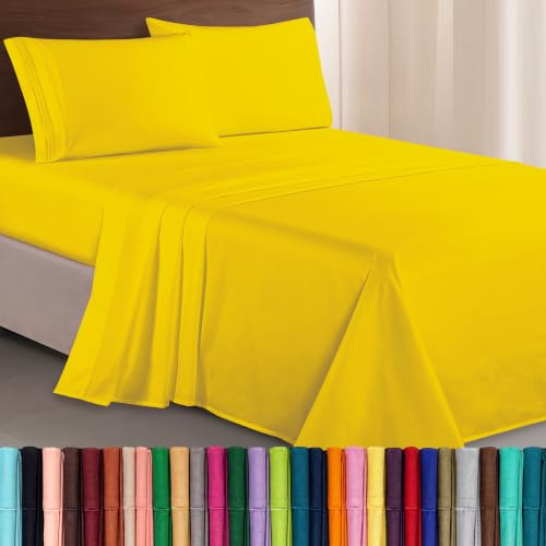 Elegant Comfort Lussuoso set di lenzuola da 4 pezzi, di qualità egiziana, ricamate a tre linee, di alta qualità, 1500 fili, resistente alle pieghe e allo sbiadimento, pieno, giallo