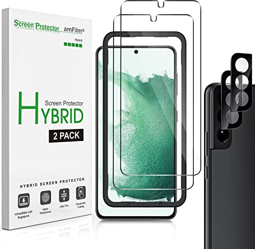 amFilm 2+2 Stück Hybrid Schutzfolie für Samsung Galaxy S22 5G mit Glas Kamera Objektivschutz, [Fingerabdruck ID kompatibel], HD Clear mit Easy Installation Tray | Mit Kamera Objektivschutz [Fingerabdruck ID kompatibel], HD Clear mit Easy Installation Tray 2 Stück