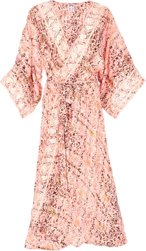 GURU SHOP Langer Kimono im Japan Style, Kimono Mantel, Kimonokleid - Helles Lachsorange, Damen