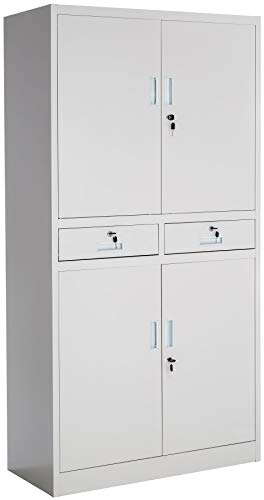 tectake® Armario Archivador Oficina en Acero, Armario Exterior e Interior con Candado Seguridad, Armario Multiusos con 5 Alturas, 4 Puertas, 2 Cajones, 3 Estantes Ajustables, 180x80x40 cm - gris claro