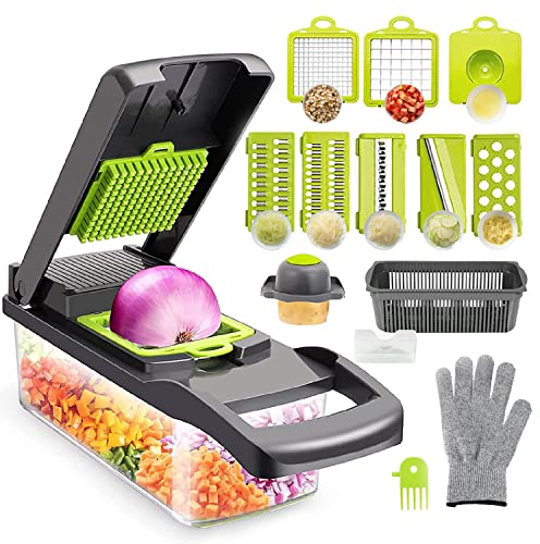 Cortador de verdura Manual, Mandolina de Cocina Multifuncional 13 en 1-2 Cuchillas, 7 Rebanadoras Rallador, Separador de Huevo y Escurridor, Cuchillas Acero Inoxidable