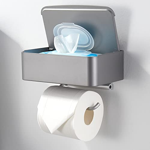 FreeAngle Toilettenpapierhalter mit Ablage, spülbarer Feuchttücherspender, Wandmontage, grau, Badezimmer-Aufbewahrungsregal, versteckt Feuchttücher für Badezimmer, Waschraum