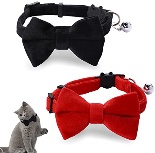 2 Stück Samt-Fliege Katzenhalsband mit Glöckchen, verstellbar, Katzenhalsbänder, Kätzchen, kleine Welpen, Sicherheitsfliege, solide Hochzeit, rotes Katzenhalsband für Jungen, Mädchen, Katzen