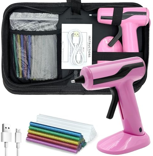Liumai Cordless Hot Glue Gun Kit with 30pcs Mini Glue Sticks, USB Rechargeable Mini Glue Gun with Carrying Case, Stand-Up Base, Smart Power-Off Hot Melt Glue Gun for Crafting, Pink