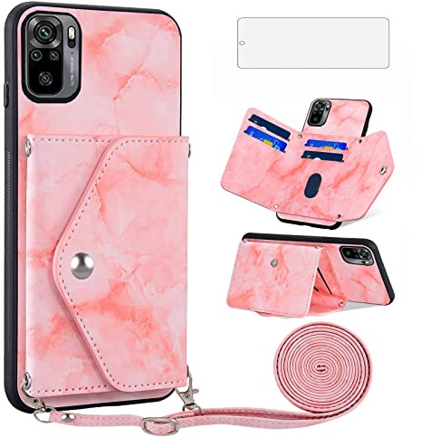 Asuwish Funda para Xiaomi Redmi Note 10S/10 S 4G con Cuerda y Cristal Protector de Pantalla Tarjetero Plegable Cadena Cuero Monedero M2101K7AG M2101K7BNY Carcasa Phone Case Rosa