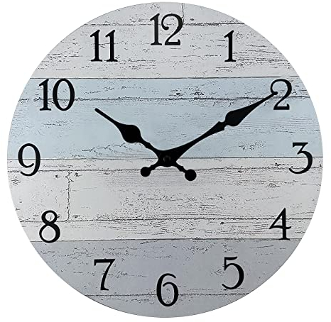 Plumeet Wall Clock, 12'' Frameless Wooden Wall Clocks with Silent Quartz Movement, Rustic Coastal Country Village Clock Decorative for Kitchen Bedroom Living Room, Blue