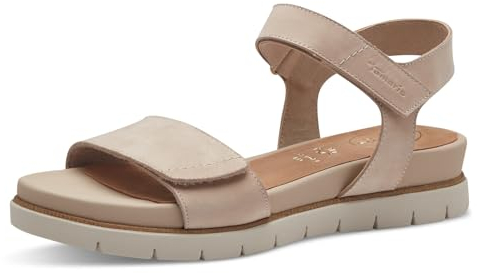 Tamaris Comfort Damen Sandalen flach aus Leder mit Klettverschluss, Beige (Beige Nubuk), 39 EU
