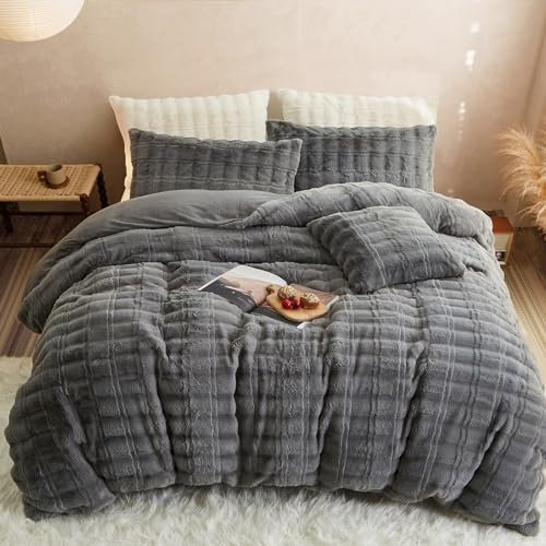 Freyamy Kunstfell Bettwäsche 200x200 3tlg Hellgrau Grau,Biber Winterbettwäsche Wende Flanell,Superweich Plüsch Fleece Bettwäsche-Sets Extra Warm - Bettbezug mit Reißverschluss + Kissenbezug 80x80