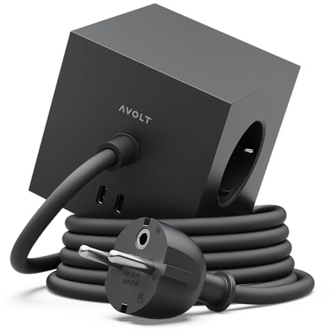 Avolt Square 1 Multiprise Cube Aimantée Design, 3 Prises, 2 USB-C 30W, 1,8m | Multiprise aimantée noire, câble 1,8 m. Bloc multiprise design, prise cube, charge rapide USB-C 30W pour bureau et maison