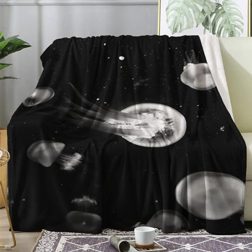 Kuscheldecke Flauschig Quallen, Große Decke Fleecedecke 220x240 Weiß Schwarz, Flanell Sofadecke Blanket XXL, Wohndecke Schlafdecke Winter Warm Weich, Deko Decken für Couch Bed