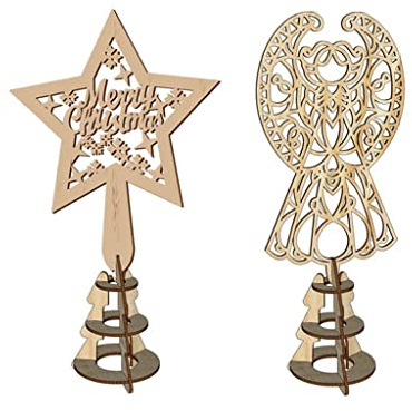Yisawroy 2 Stück/Set Weihnachtsbaumspitze aushöhlen Holz Stern Engel hängende Baumspitze Ornament mit Kegelhülse Xmas Home Party Dekoration