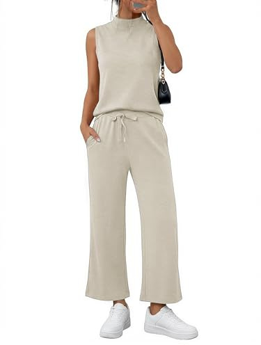 Casly Lamiit 2-teiliges Sommer-Outfit für Damen, Stehkragen, Tank-Top, kurze Hose mit weitem Bein, Lounge-Sets, modischer Trainingsanzug, Dunkles Beige, S