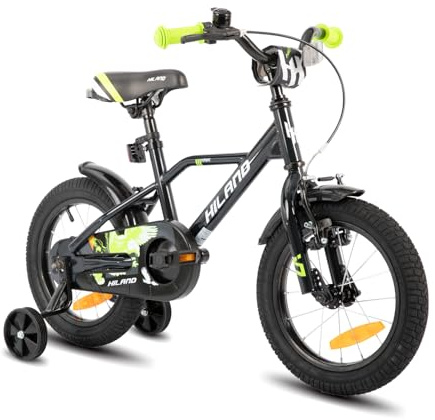 HILAND Hawk Bicicletta Bambino/Bambina 12 2–4 Anni, Bicicletta per Bambini con Ruote Stabilizzatrici, Freno a Mano e Freno a Pedale, Nero & Verde