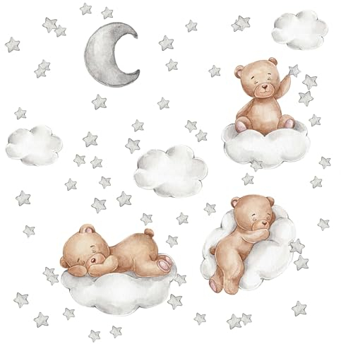 Wandsticker Teddybär Wandsticker BäR, Wandtattoo Teddybär auf Wolke - Kinderzimmer Dekor mit Sternen, Mond und Wolkenmotiven, kinderfreundliches PVC, für wanddeko babyzimmer
