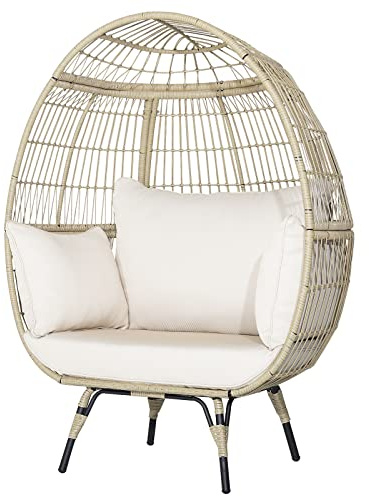 LIFEZEAL Eierstuhl Rattan, Korbsessel mit Kissen, Gartenliege Rattansessel Ei-Form mit Metallrahmen, Rattanstuhl für Terrasse, Hinterhof, Wohnzimmer, Belastbar bis 205 kg (Ohne Hocker, Beige)