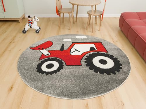 AKCILA Lima runden Kinder Teppich Traktor Grau | Rot 120 cm|Kinderzimmer Kurzflor Teppiche | Kinderteppich Jungen |Kids Carpet | Spielteppich Kinder | Babyzimmer Tepich | Wohnzimmer|Schlafzimmer