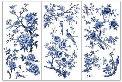 OLYCRAFT 3pcs/Set Blue Flower Rub on Transfers for Furniture and Crafts 15x30cm Blue Bird Decor Transfer Stickers Landscape Rub on Decals for Wood Furniture Scrapbooking Home Decorations