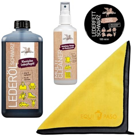 EQUIPASO Premium Lederpflege Set | B&E Lederöl 1 Liter schwarz + B&E Lederfett schwarz 100 ml + B&E Multi Cleaner 95 ml + Premium Mikrofasertuch | reinigt und pflegt Sättel, Zaumzeug