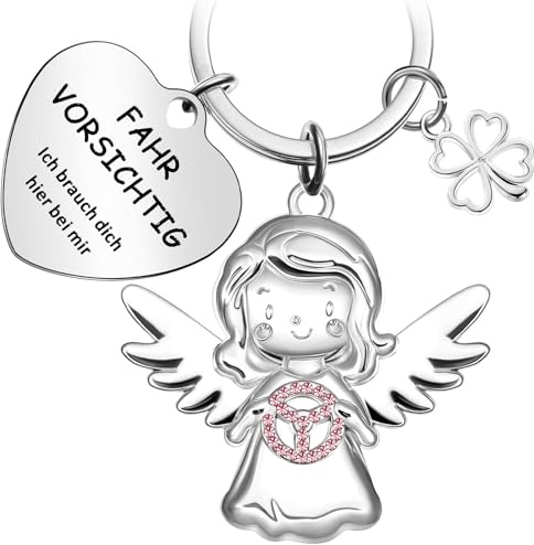 Aoriher Schutzengel Schlüsselanhänger mit Lenkrad Fahr Vorsichtig Rosa Auto Schlüsselanhänger Glücksbringer für Autofahrer Geschenk Führerschein Geschenke für Kolleginnen Freundin Damen