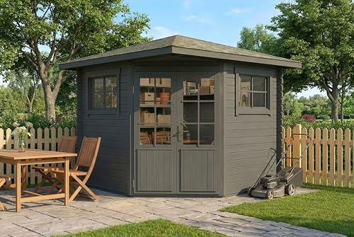 Alpholz 5-Eck Gartenhaus Sunny-B 269x269cm Imprägn. Grau 28mm Wandst.