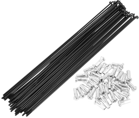BULLSPANN Kit De Rayons Et Mamelons De Vélo Noir 1 Kit Acier Au Carbone | Arbre 2mm, Filetage 14G, Tête Coude 4mm, Rayons 213x7mm, Mamelon 12x6mm, Pour Vélo, Martlage Continu, Facile Installation