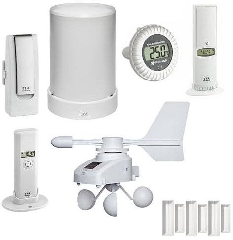 TFA Dostmann 31.4005.02.45 Weatherhub Wetterstation-Set mit Klima, Regen, Windsender, Poolsender, Tür-Fenstersensoren, WLAN-Wetterstation mit App
