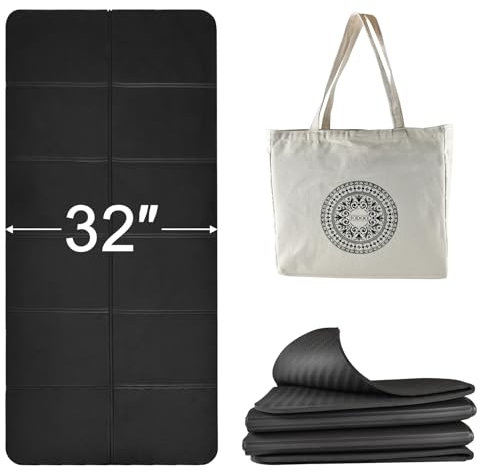 Yogamatte Faltbar, 183cm L x 81cm B, Faltbare Yoga matte Rutschfest für Reise mit Tragetasche aus Segeltuch, TPE Sportmatte Fitnessmatte Pilates matte Mehreren Szenarien Anwendbar (Schwarz)