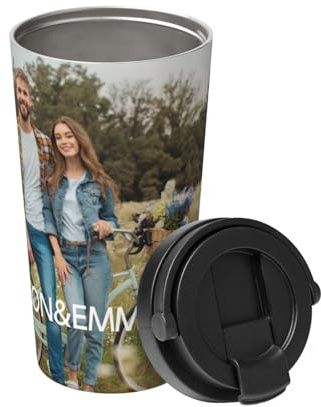 Personalisierte Kaffeetasse mit Namen, Bildern, Logotext, individuelles Foto, Thermo-isolierter Reise-Kaffeebecher mit Griff und Deckel, 500 ml, doppelwandiger Edelstahl-Thermobehälter